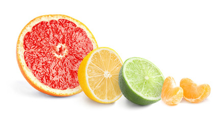 Set of different juicy citrus fruits on white background