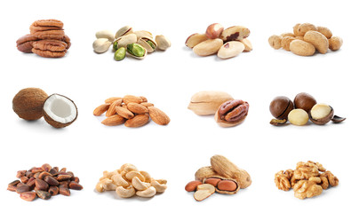 Set of different delicious organic nuts on white background