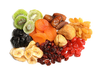 Different dried fruits on white background, top view. Healthy lifestyle