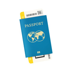 One way ticket concept. Airplane boarding pass and international passport cover.