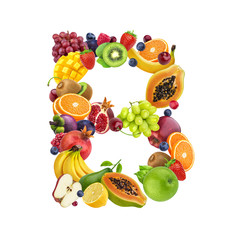Letter B made of different fruits and berries, fruit font isolated on white background
