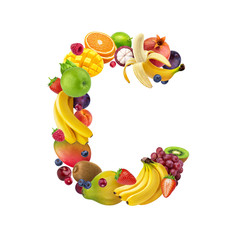 Letter C made of different fruits and berries, fruit alphabet isolated on white background