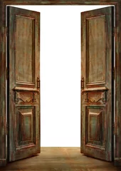 Foto op Plexiglas Oude deur Oude vintage geopende deuren met witte achtergrond