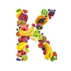 Letter K made of different fruits and berries, fruit font isolated on white background, healthy alphabet