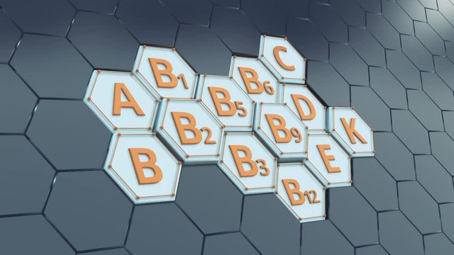 hexagon grid with vitamins name (3d render)