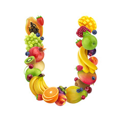 Letter U made of different fruits and berries, fruit font isolated on white background, healthy alphabet