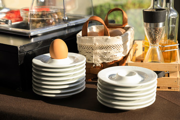 Boiled egg for healthy breakfast on the buffet table in the greek hotel.