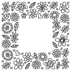 Vector set of child drawing flowers icons in doodle style. Painted, black monochrome, pictures on a piece of paper on white background.
