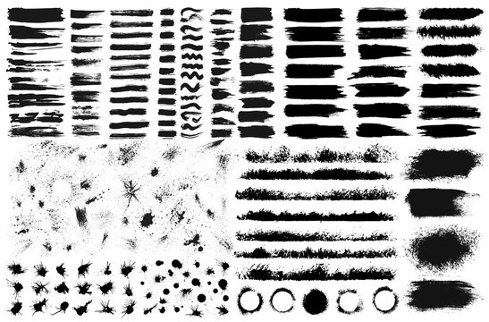 Large set of hand drawn grunge elements isolated on white background. Black ink borders, brush strokes, stains, banners, blots, splatters, spray. Vector illustration