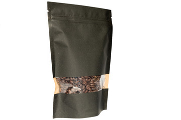 black paper doypack stand up pouch with window  zipper  filled with coffee beans on white background