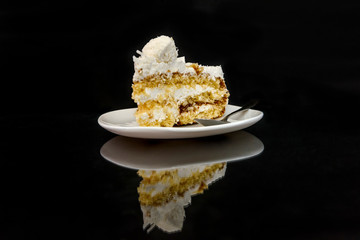 Piece of tasty cake on plate with reflection