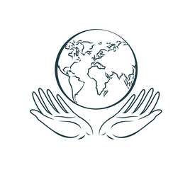 Globe in hands, logo. Earth day, nature protection, world icon or symbol. Vector illustration