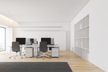 White open space office interior, carpet