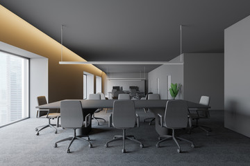 Modern dark office interior with work space. 3D render. concept of successful business.