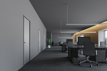 Modern design dark office interior with work space. 3D render
