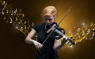 Lonely musical composer with violin and sparkling musical notes around