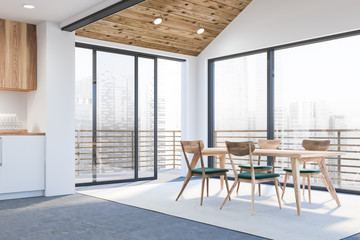 Modern disign kitchen interior with window and city veiw. 3d Render.