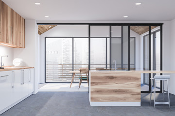 Modern disign kitchen interior with window and city veiw. 3d Render.