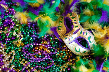 Mardi gras mask, beads and feathers background - obrazy, fototapety, plakaty