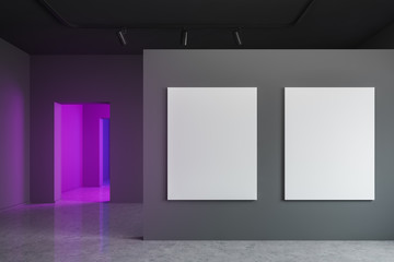 Empty gray gallery with two mock up posters