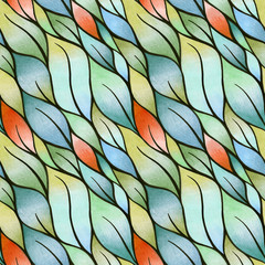 Decorative seamless pattern of stylized leaves. Handmade color pencil. 