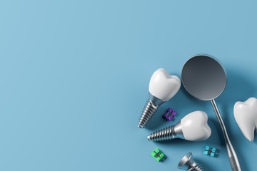 Implant screw teeth and mirror, blue background