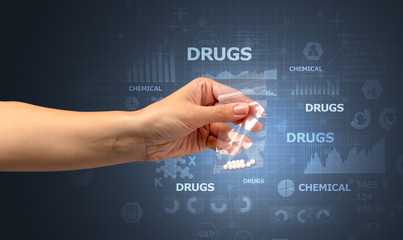 Naked hand gives chemicals in vacuum plastic bag with scholarly concept