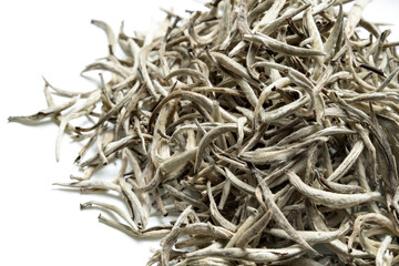 White tea on white background. Top view. Close up. High resolution