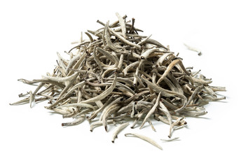 Heap of white tea on white background. Close up. High resolution. Healthy concept