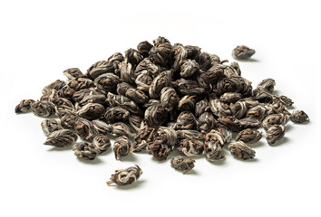 Phoenix Eyes. Heap of pearl green tea on white background. Close up. High resolution