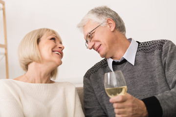 Elderly couple drinking wine and talking at home
