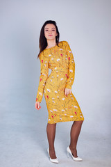 Sexy elegant woman natural beauty fashion style clothes casual formal  dress lady glamour model trend dark hair brunette makeup accessory.