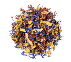 Obraz premium Rooibos tea with cornflower and orange slices on white background. Top view. Close up. High resolution