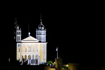 Fototapeta premium Panoramic view of the Byzantine church of Agia Triada Holy Trinity at night time, Lefkes