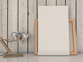 Interior poster mock up with vertical empty canvas frame on wooden wall background. 3D rendering.