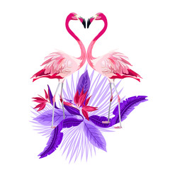 Fototapeta na wymiar Tropical summer arrangements with pink flamingo, tropical flowers, palm leaves, jungle plants, hibiscus, bird of paradise flower. Beautiful floral exotic illustration isolated on white backgro