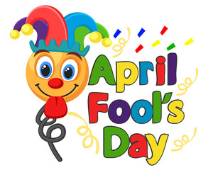 Smiley face in clown hat shows tongue on a white. Fool's day.