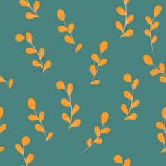 Vector hand-drawn seamless background with foliage. Foliage endless pattern. Leaves in orange and blue colors. © Evgeniia
