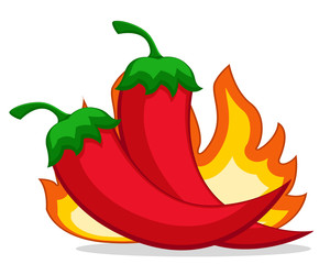 Two hot peppers and a flame of fire on a white.
