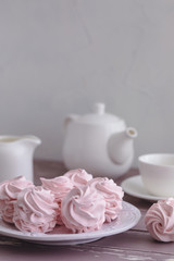 Traditional Russian homemade merengue marshmallow or zephyr on a plate on wooden background