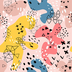 Creative doodle art header with different shapes and textures. Collage.Color splash abstract cartoon background or children playground banner design element. Overlay colorful spotty pattern .