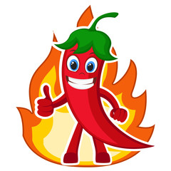 Hot chili pepper with fire flame on a white. Character.