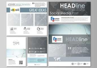 Social media posts set. Business templates. Abstract design template, vector layouts in popular formats. Chemistry pattern, connecting lines and dots, molecule structure, medical DNA research.