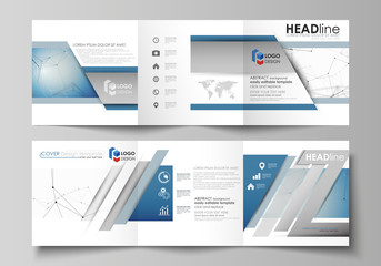 Set of business templates for tri fold square design brochures. Leaflet cover, abstract vector layout. Geometric blue color background, molecule structure, science concept. Connected lines and dots.