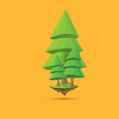 summer green low poly style tree isolated on orange background. Abstract Green tree design element for games and banners