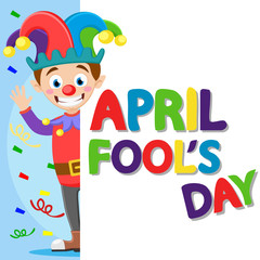 Clown looks out from behind the white shield and waves. Fool's day.