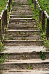 Old wooden staircase on a grassy ravine slope
