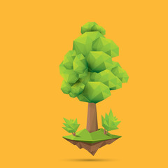 summer green low poly style tree isolated on orange background. Abstract Green tree design element for games and banners