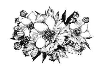 Graphic bouquet of flowers for the design of postcards and posters. Handmade pen and ink.