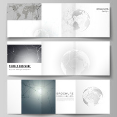 Vector layout of square format covers design templates for trifold brochure, flyer. Futuristic design with world globe, connecting lines and dots. Global network connections, technology concept.